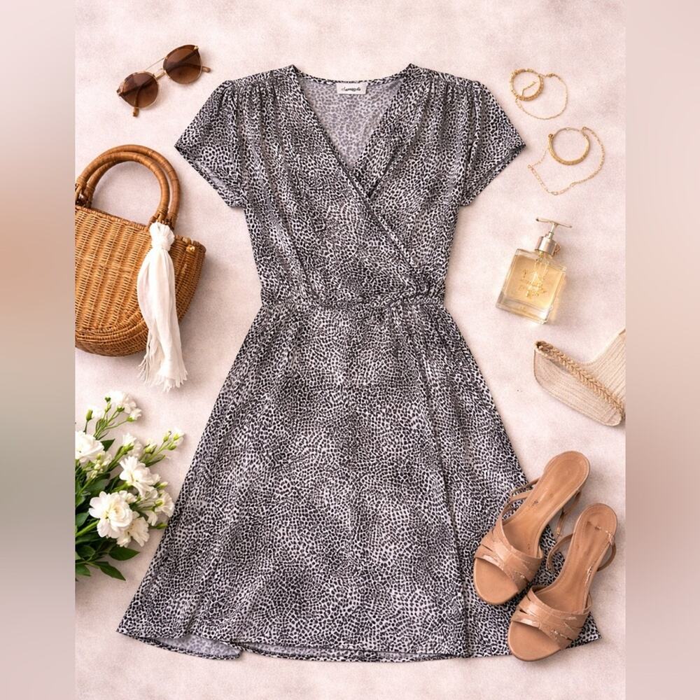 Loveappella Leopard Print Fit Flare Midi Dress Large Stretch Short Sleeve